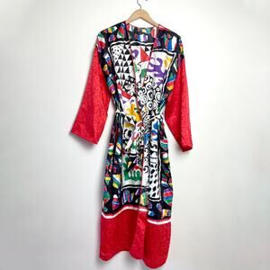 Vintage 80s Mary McFadden Satin Robe Large Maximalist Abstract Dopamine Colorful